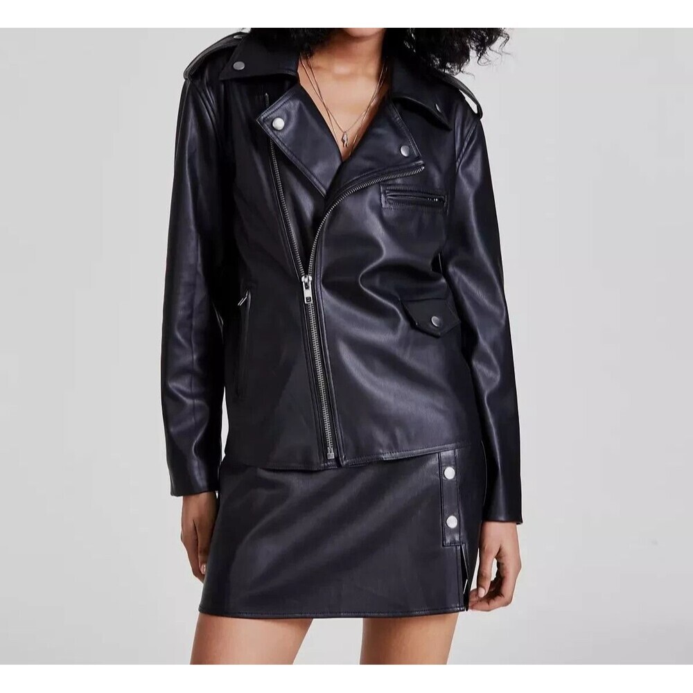 Bar III Women's Black Faux-Leather Moto Zip Front Jacket with pockets Black S